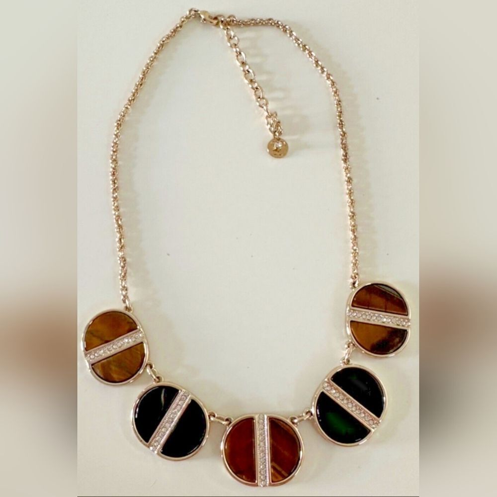 Talbots Necklace Tortoise Brown Black Links Crystals Gold Tone 16-18"  NWT